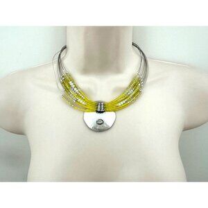 CHICO'S NECKLACE‎ Jewelry Statement Yellow White Beaded Silver Hammered Choker